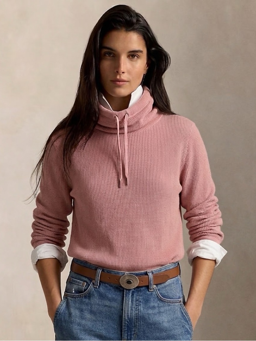 Ralph Lauren Pink Turtle Neck Waffle Knit Thermal Long Sleeve Sweater Size Small